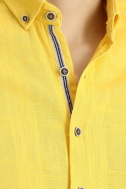 Dark Yellow Long Sleeve Slim Fit Narrow Cut Patterned Sporty Cotton Button-Down Collar Shirt