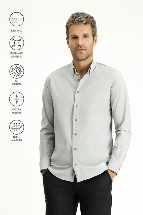Light Grey Techno-Line Long Sleeve Slim Fit Lycra Shirt