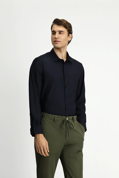 Siyah Techno-Line Uzun Kol Slim Fit Dar Kesim Örme Likralı Gömlek