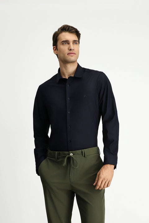 Siyah Techno-Line Uzun Kol Slim Fit Dar Kesim Örme Likralı Gömlek