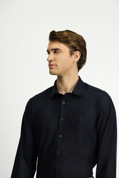 Siyah Techno-Line Uzun Kol Slim Fit Dar Kesim Örme Likralı Gömlek
