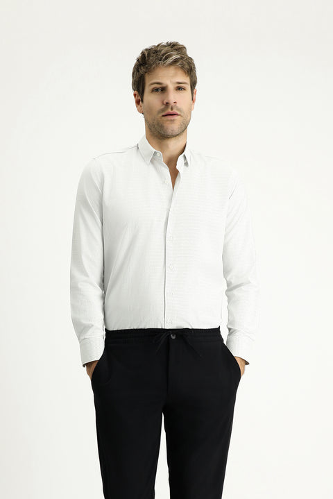 Light Grey Long Sleeve Slim Fit Patterned Cotton Easy-Iron Button-Down Collar Shirt