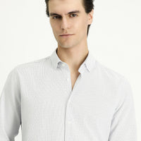 Light Navy Blue Long Sleeve Slim Fit Narrow Cut Patterned Cotton Easy-Iron Button-Down Collar Shirt