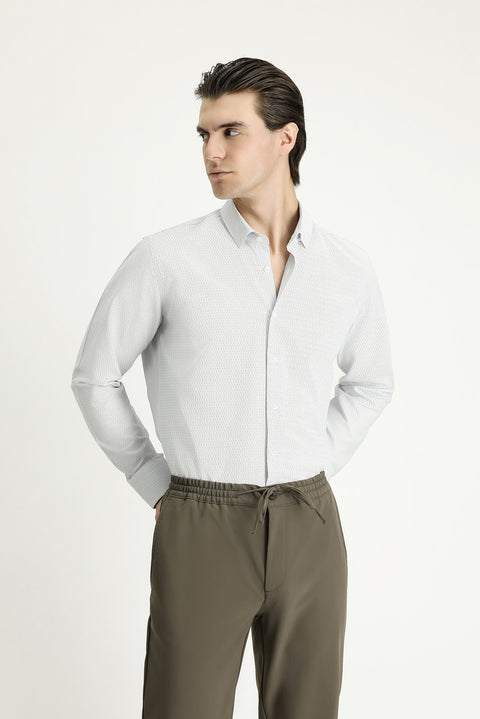 Light Navy Blue Long Sleeve Slim Fit Narrow Cut Patterned Cotton Easy-Iron Button-Down Collar Shirt