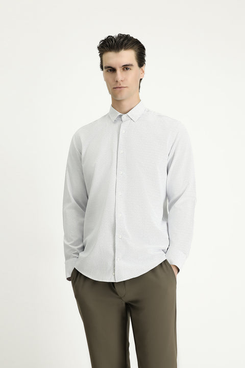 Light Navy Blue Long Sleeve Slim Fit Narrow Cut Patterned Cotton Easy-Iron Button-Down Collar Shirt