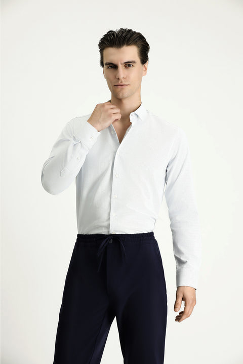 Blue Long Sleeve Slim Fit Narrow Cut Patterned Cotton Easy Iron Button-Down Collar Shirt