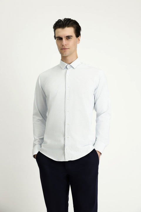 Blue Long Sleeve Slim Fit Narrow Cut Patterned Cotton Easy Iron Button-Down Collar Shirt