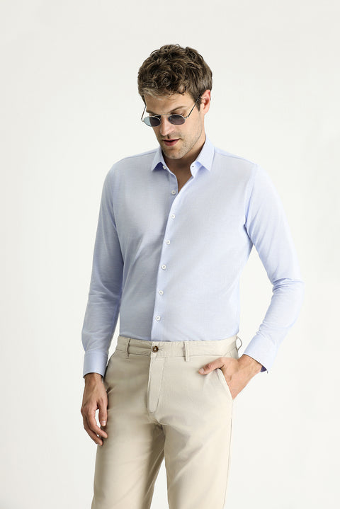 Sky Blue Long Sleeve Slim Fit Narrow Cut Sport Knitted Cotton Easy Iron Shirt
