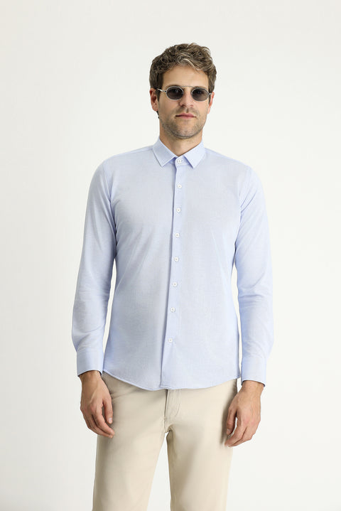 Sky Blue Long Sleeve Slim Fit Narrow Cut Sport Knitted Cotton Easy Iron Shirt