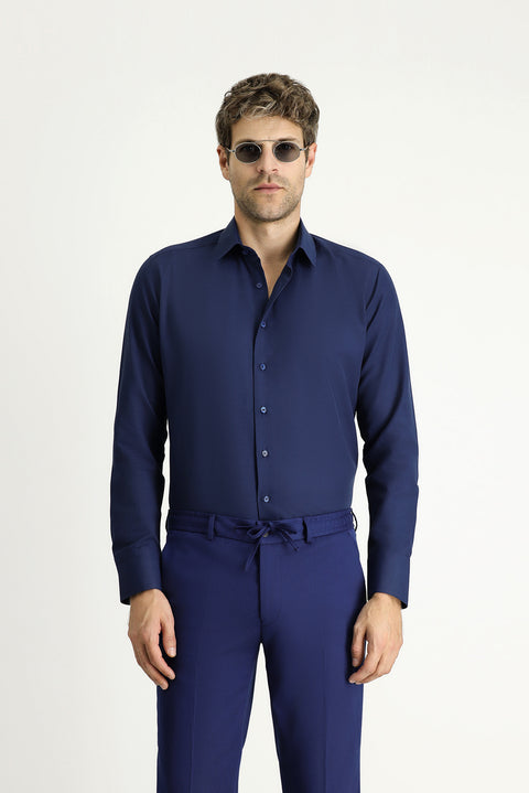 Medium Navy Long Sleeve Slim Fit Classic Cotton Easy-Iron Shirt