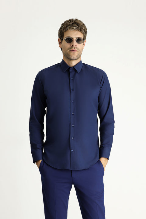 Medium Navy Long Sleeve Slim Fit Classic Cotton Easy-Iron Shirt
