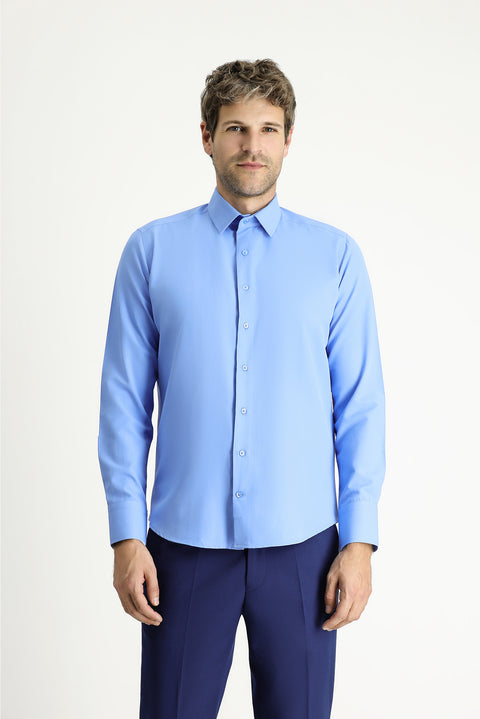 Blue Long-Sleeve Slim Fit Classic Cotton Easy-Iron Shirt