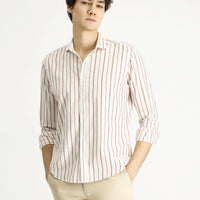 Tan Long Sleeve Slim Fit Narrow Cut Striped Linen Blend Shirt