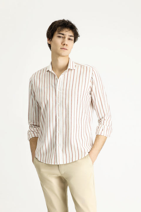 Tan Long Sleeve Slim Fit Narrow Cut Striped Linen Blend Shirt