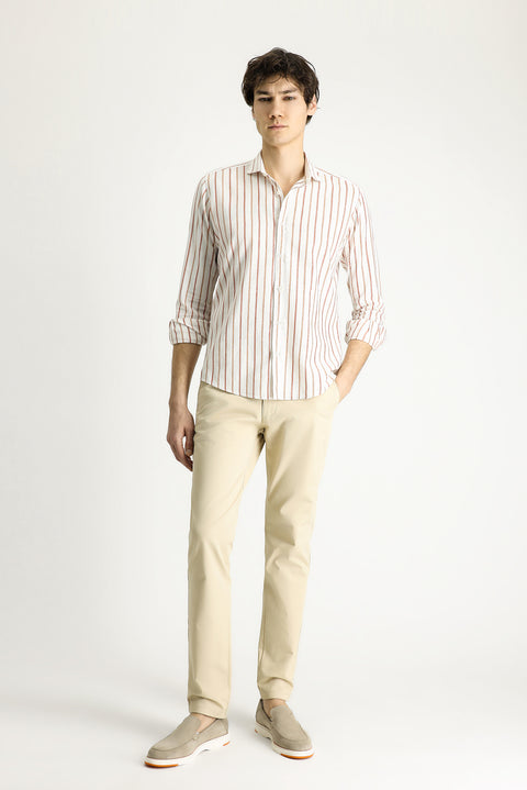 Tan Long Sleeve Slim Fit Narrow Cut Striped Linen Blend Shirt