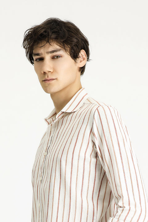 Tan Long Sleeve Slim Fit Narrow Cut Striped Linen Blend Shirt