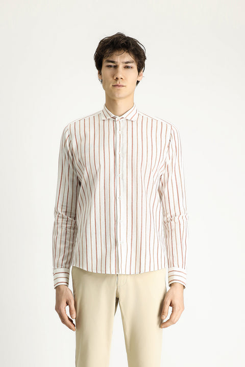 Tan Long Sleeve Slim Fit Narrow Cut Striped Linen Blend Shirt