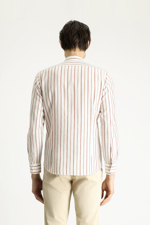 Tan Long Sleeve Slim Fit Narrow Cut Striped Linen Blend Shirt