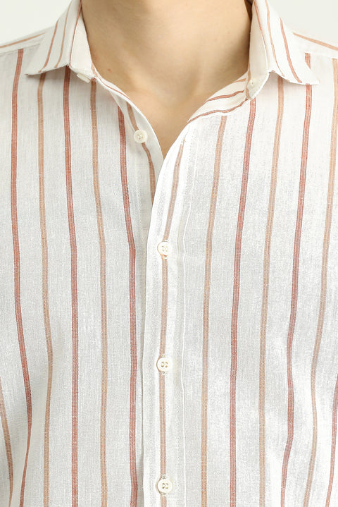 Tan Long Sleeve Slim Fit Narrow Cut Striped Linen Blend Shirt
