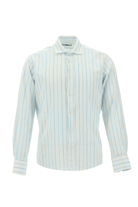 Light Turquoise Long Sleeve Slim Fit Striped Linen Shirt