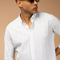 Light Grey Long Sleeve Slim Fit Narrow Cut Striped Sport Linen Blend Cotton Button-Down Shirt