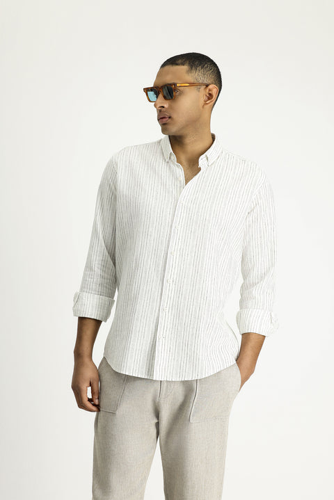 Light Grey Long Sleeve Slim Fit Narrow Cut Striped Sport Linen Blend Cotton Button-Down Shirt