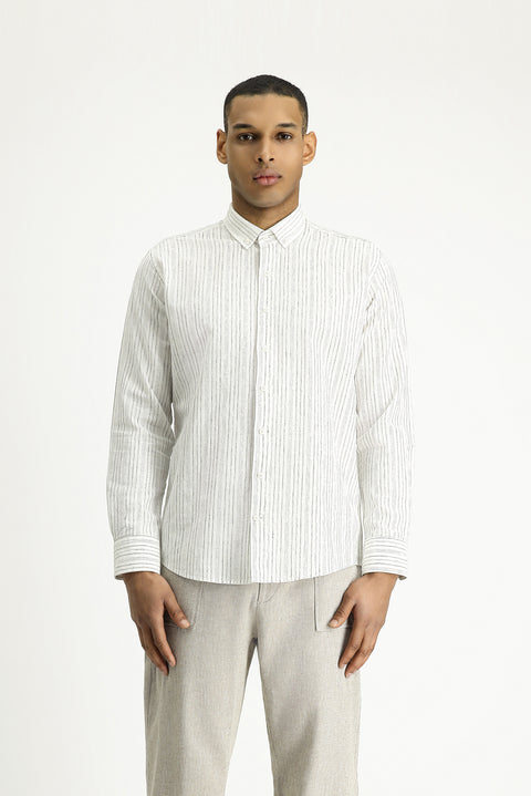 Light Grey Long Sleeve Slim Fit Narrow Cut Striped Sport Linen Blend Cotton Button-Down Shirt