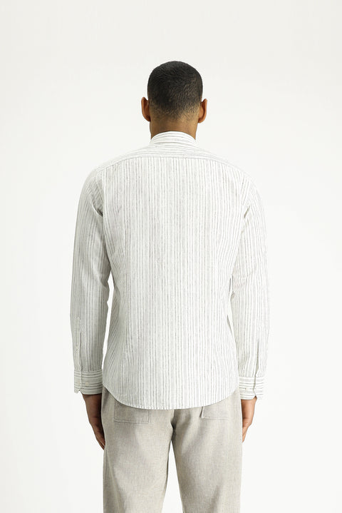 Light Grey Long Sleeve Slim Fit Narrow Cut Striped Sport Linen Blend Cotton Button-Down Shirt