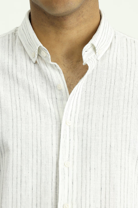 Light Grey Long Sleeve Slim Fit Narrow Cut Striped Sport Linen Blend Cotton Button-Down Shirt