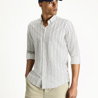 Dark Navy Long Sleeve Slim Fit Striped Sport Linen Blend Button-Down Collar Shirt
