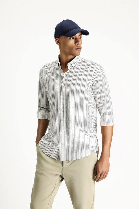 Dark Navy Long Sleeve Slim Fit Striped Sport Linen Blend Button-Down Collar Shirt