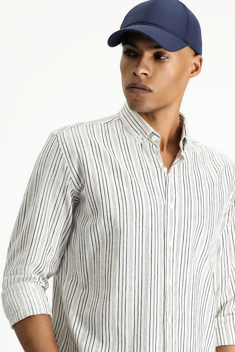 Dark Navy Long Sleeve Slim Fit Striped Sport Linen Blend Button-Down Collar Shirt