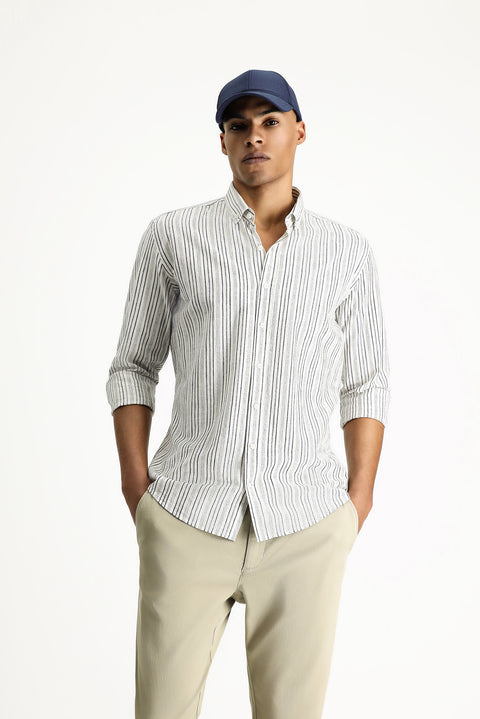 Dark Navy Long Sleeve Slim Fit Striped Sport Linen Blend Button-Down Collar Shirt