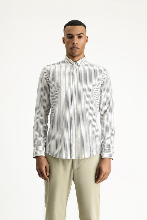 Dark Navy Long Sleeve Slim Fit Striped Sport Linen Blend Button-Down Collar Shirt