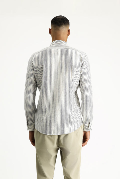 Dark Navy Long Sleeve Slim Fit Striped Sport Linen Blend Button-Down Collar Shirt
