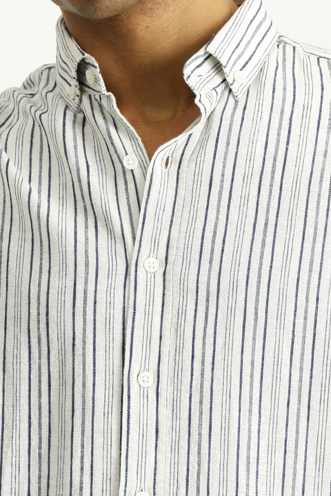 Dark Navy Long Sleeve Slim Fit Striped Sport Linen Blend Button-Down Collar Shirt
