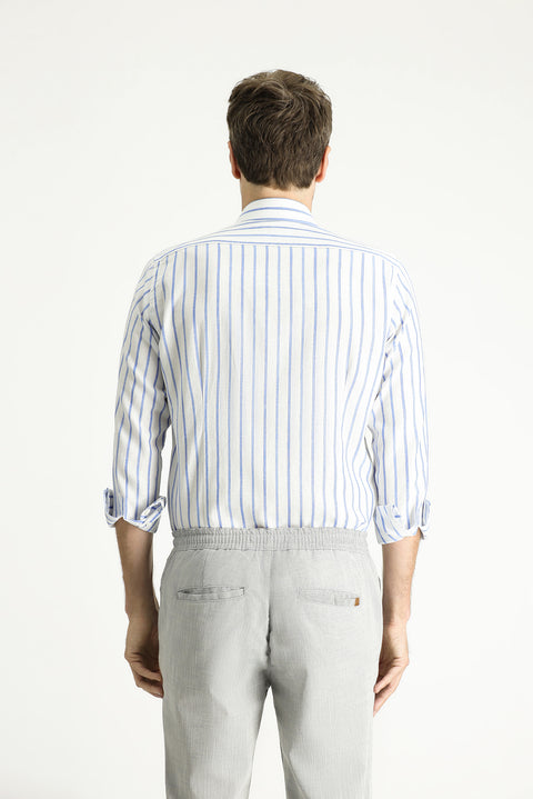 Koyu Mavi  Uzun Kol Slim Fit Dar Kesim Çizgili Spor Keten Karışımlı Pamuklu Gömlek