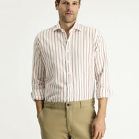 Tan Long Sleeve Slim Fit Striped Sport Linen Shirt