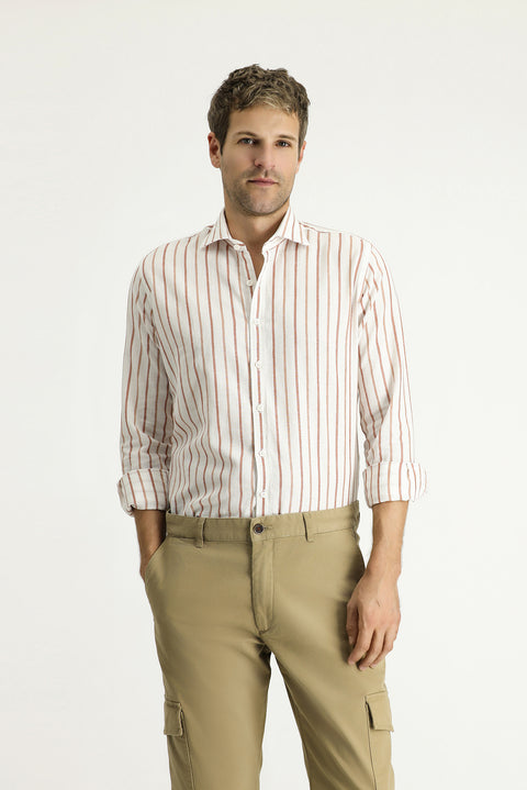 Tan Long Sleeve Slim Fit Striped Sport Linen Shirt