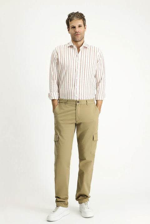 Tan Long Sleeve Slim Fit Striped Sport Linen Shirt
