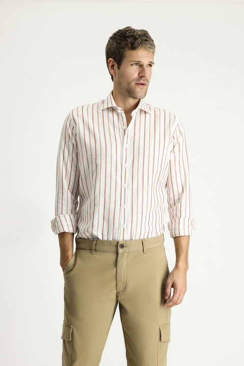Tan Long Sleeve Slim Fit Striped Sport Linen Shirt