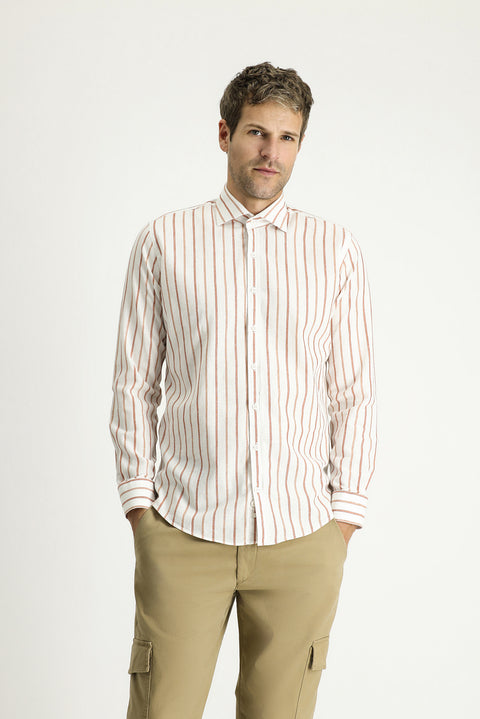 Tan Long Sleeve Slim Fit Striped Sport Linen Shirt