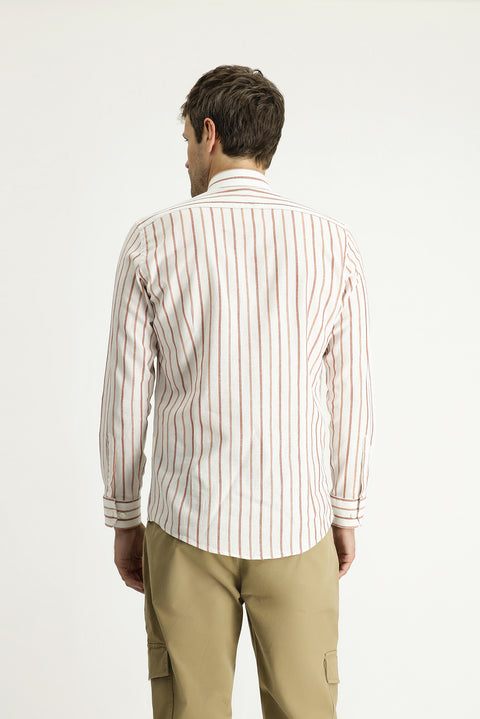 Tan Long Sleeve Slim Fit Striped Sport Linen Shirt