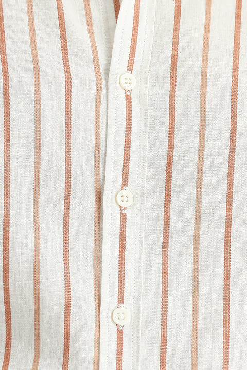 Tan Long Sleeve Slim Fit Striped Sport Linen Shirt