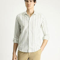Mint Green Long Sleeve Slim Fit Striped Sport Linen Blend Cotton Shirt
