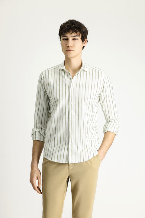 Mint Green Long Sleeve Slim Fit Striped Sport Linen Blend Cotton Shirt