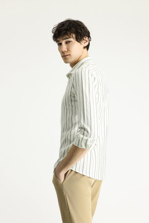Mint Green Long Sleeve Slim Fit Striped Sport Linen Blend Cotton Shirt