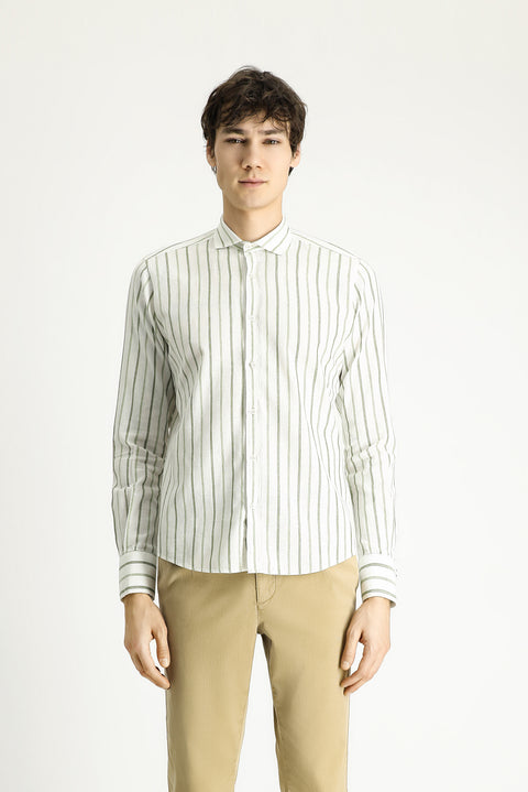 Mint Green Long Sleeve Slim Fit Striped Sport Linen Blend Cotton Shirt