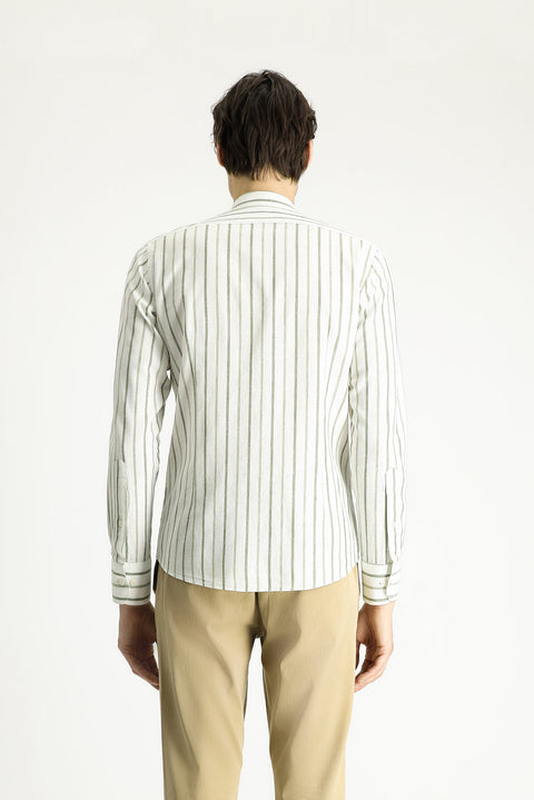 Mint Green Long Sleeve Slim Fit Striped Sport Linen Blend Cotton Shirt