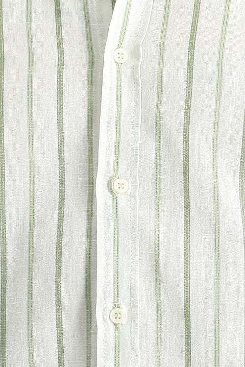 Mint Green Long Sleeve Slim Fit Striped Sport Linen Blend Cotton Shirt